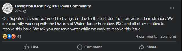 Facebook post of Livingston water shut off